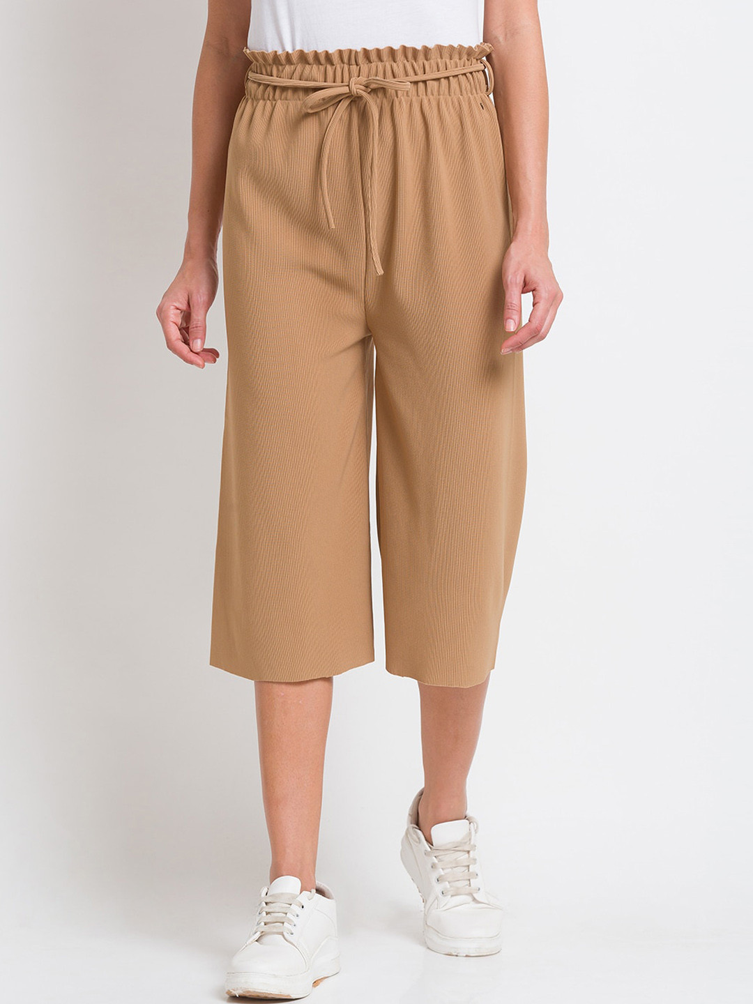 SPYKAR Women Khaki Solid Regular Fit Cropped Cotton Trackpants