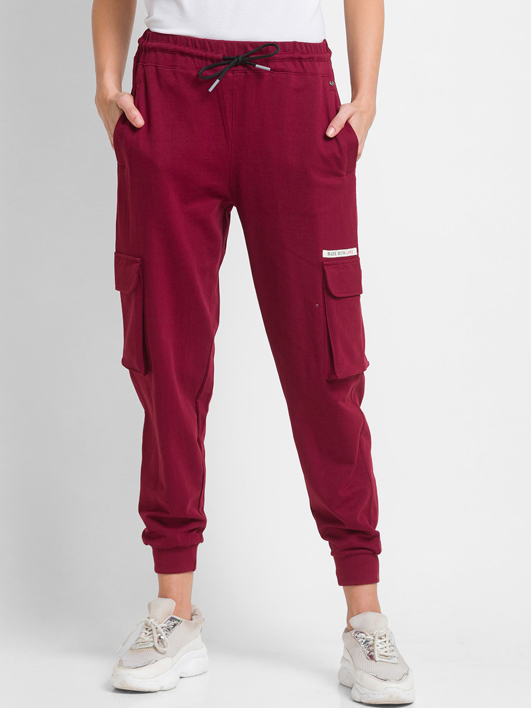 SPYKAR Women Wine Red Solid Cotton Joggers