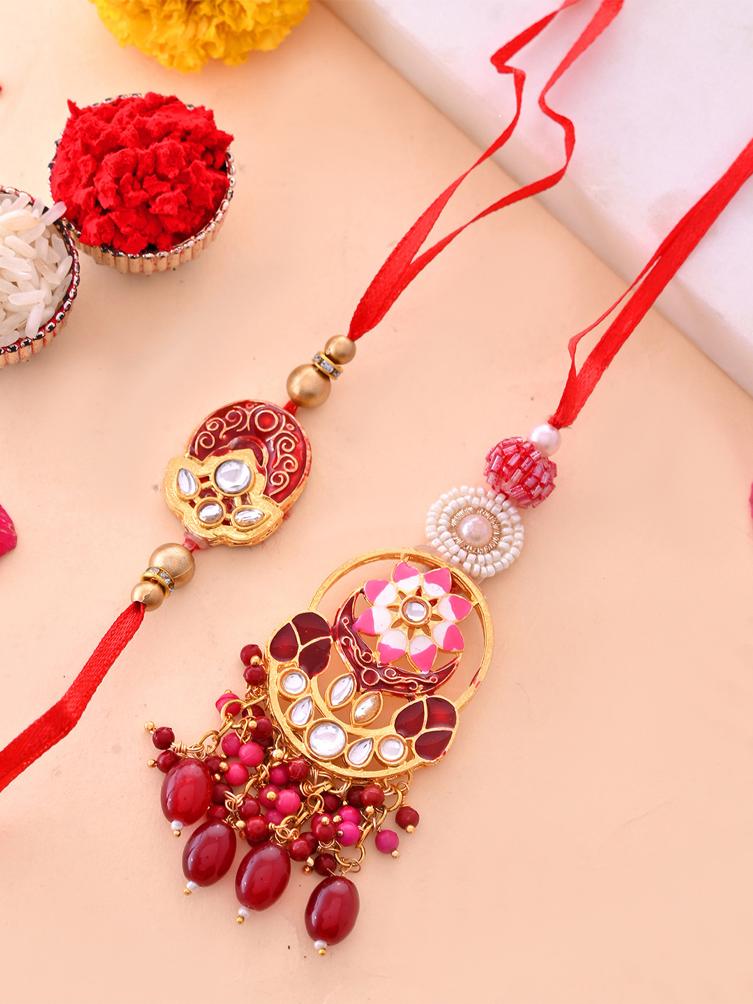 Shoshaa 2 Pieces Designer Kundan Pearl beaded Bhai Bhabhi Rakhi Lumba Set