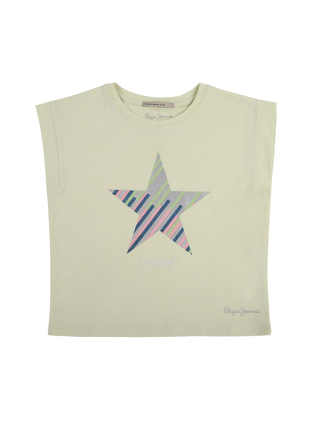 Pepe Jeans Girls Blue & aloe wash Printed Drop-Shoulder Sleeves Applique T-shirt