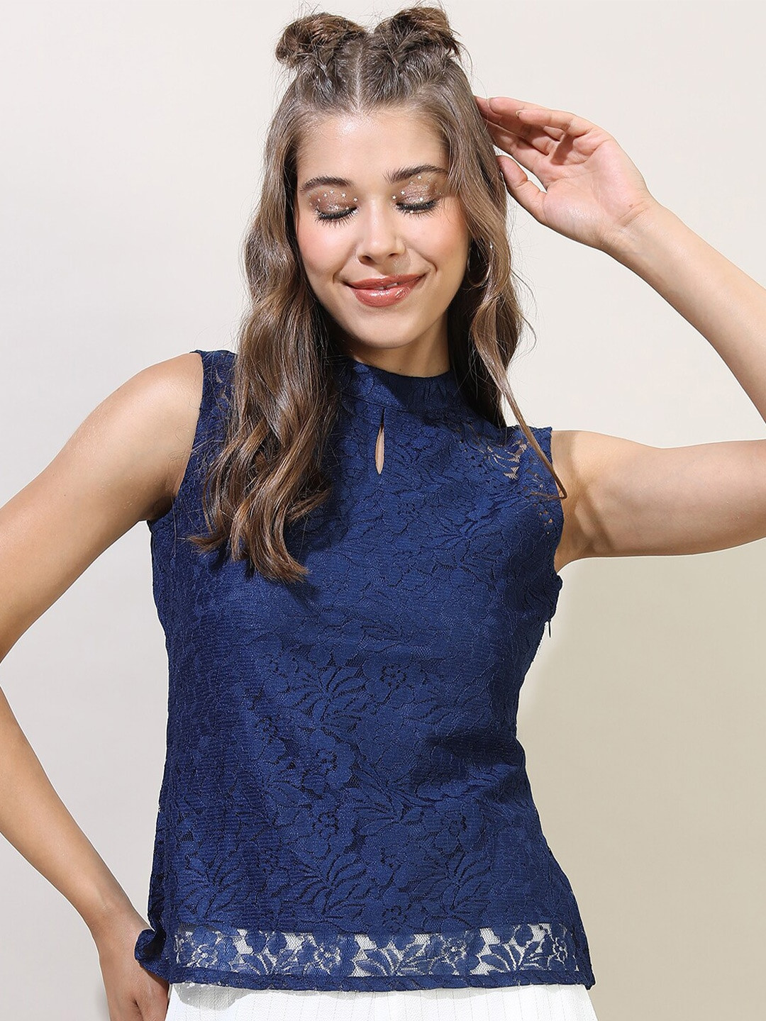 Tokyo Talkies Blue & blueprint Keyhole Neck Lace Top