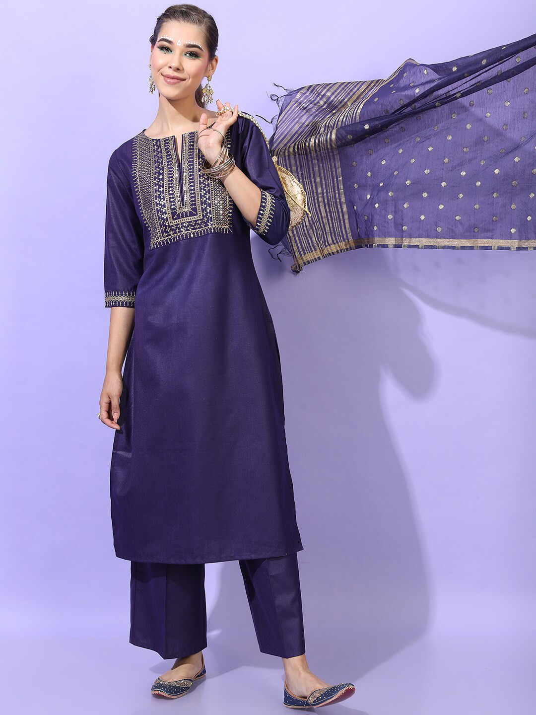 Vishudh Women Purple Embroidered Kurti with Trousers