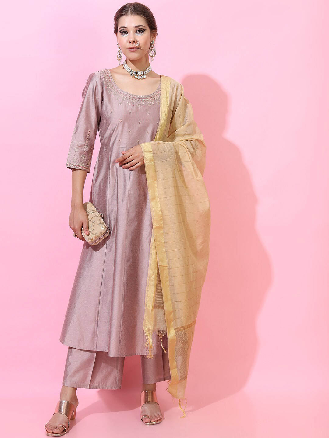 Vishudh Women Pink Layered Kurti & Trouser with Dupatta