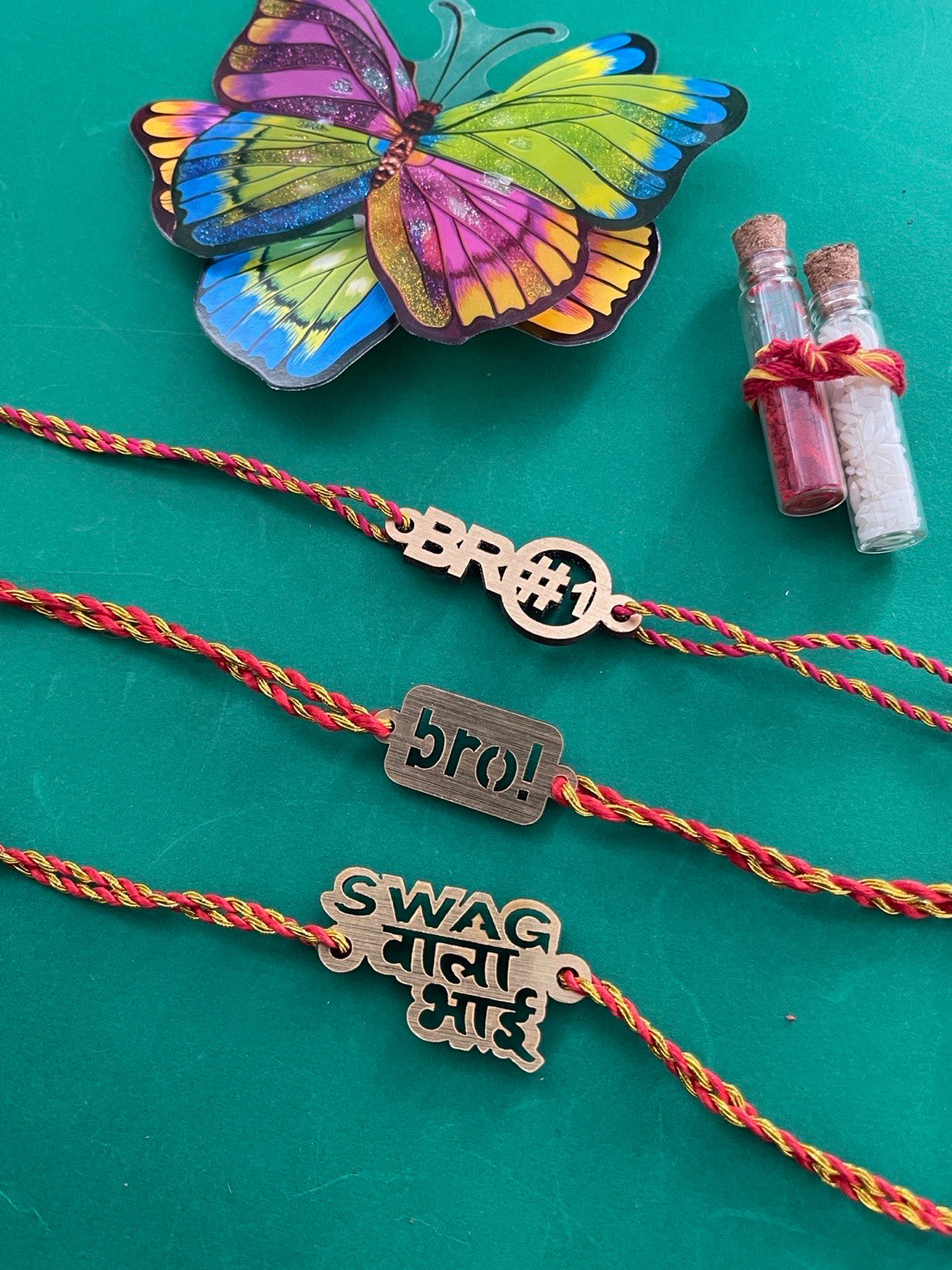 Digital Dress Room Men Set Of 3 Red & Gold-Coloured Slogan Rakhi With Rolichawal