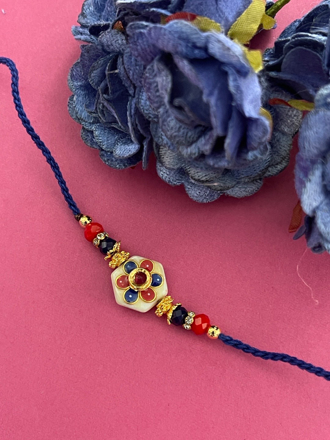 Digital Dress Room Men Gold & Blue Floral Shaped Stone Studded Rakhi
