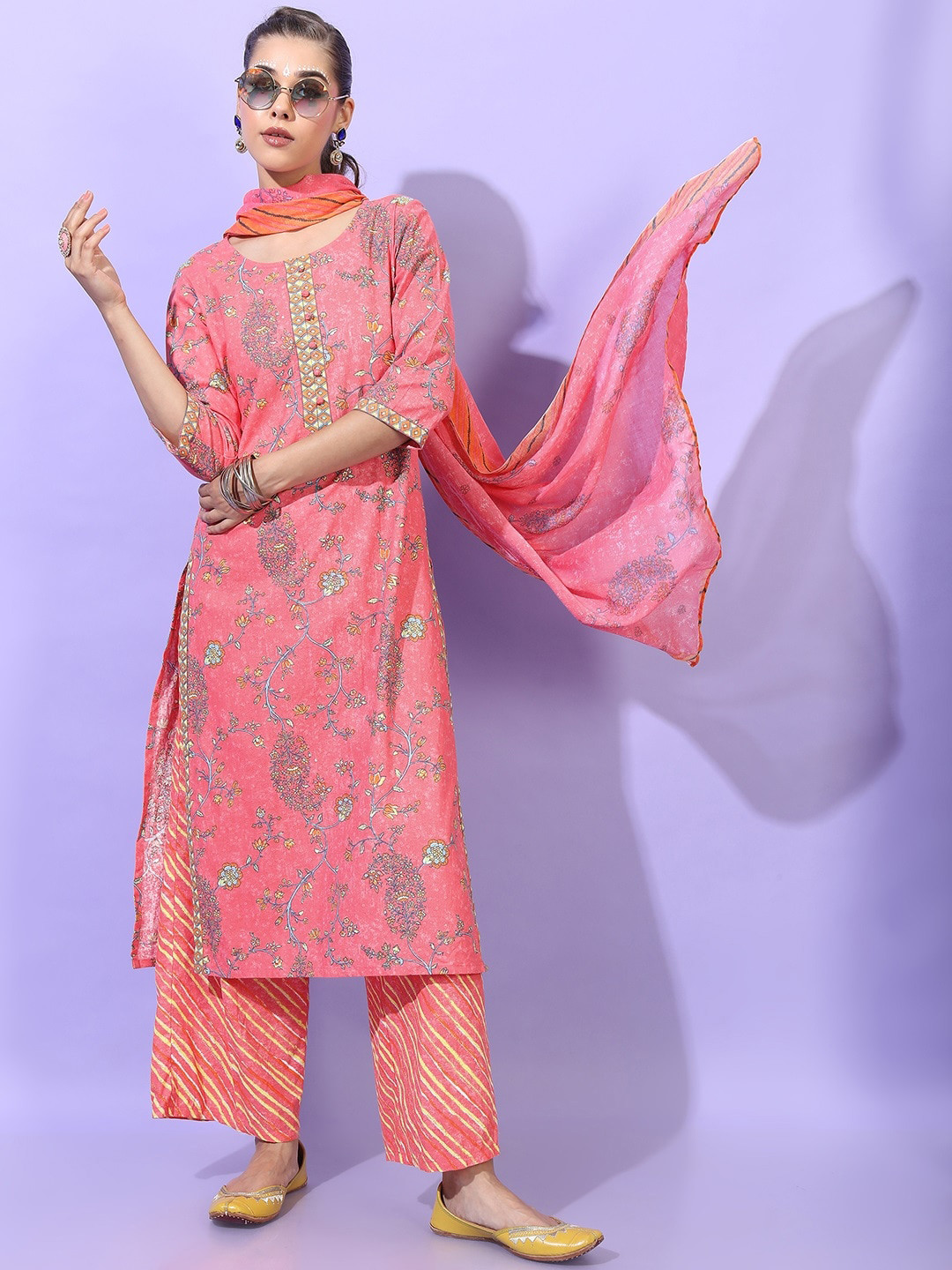 Vishudh Women Coral Ethnic Motifs Embroidered Layered Pure Cotton Kurti with Trousers & With Dupatta