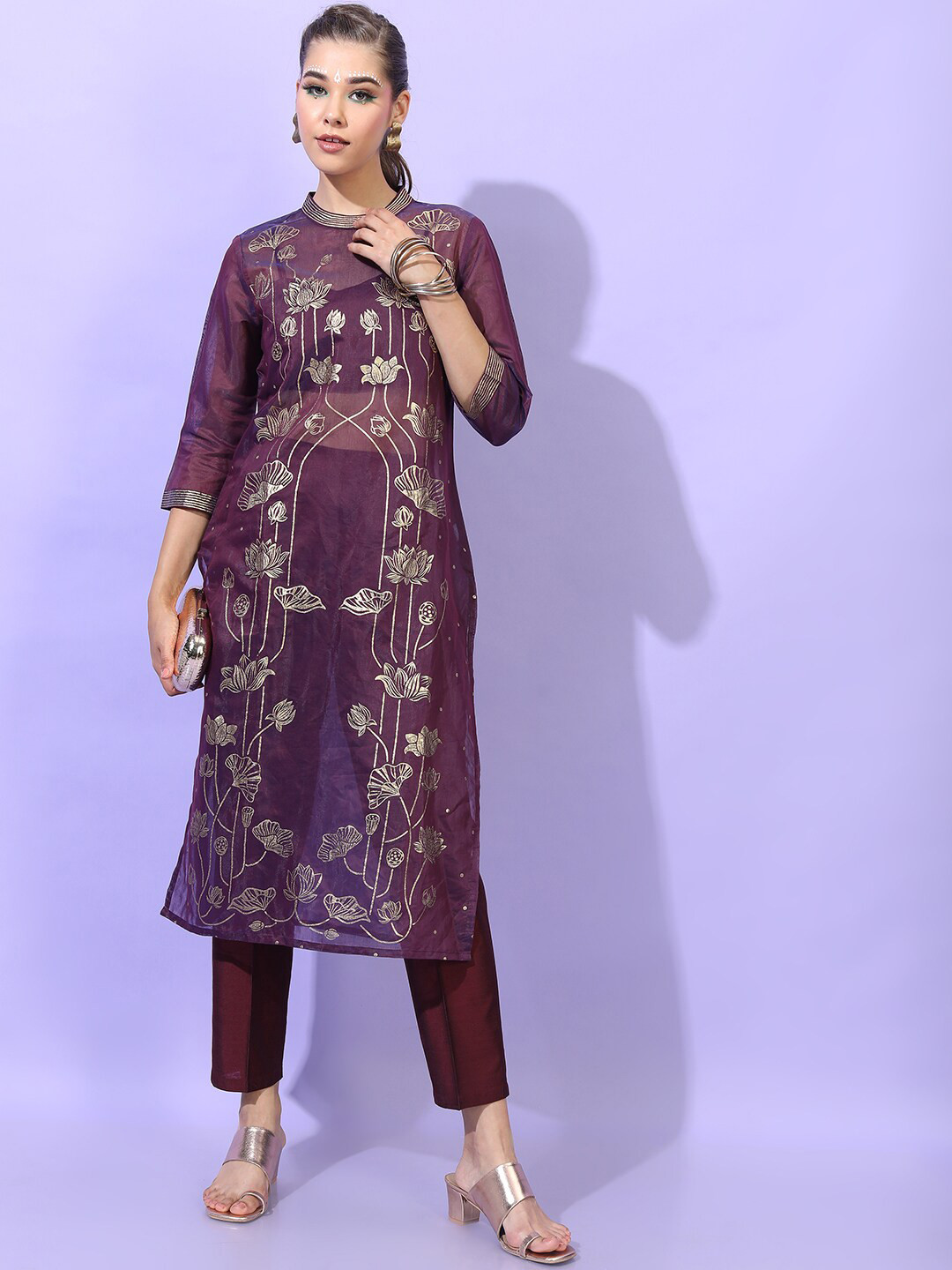 Vishudh Women Burgundy Floral Embroidered Chanderi Straight Kurta With Inner and Trousers