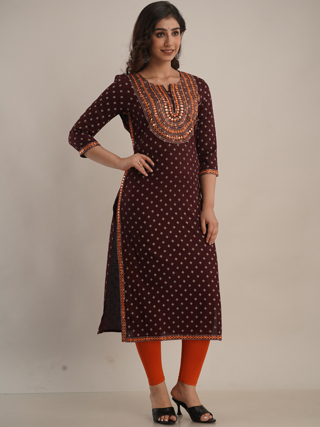 FASHION DEPTH Women Maroon & brown Ethnic Motifs Thread Work Kurta