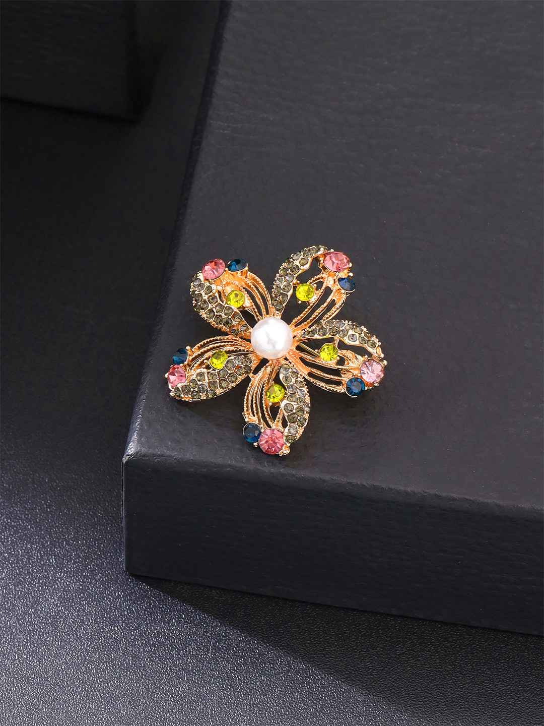 Yellow Chimes Multicolor Crystal Floral Shaped Brooch Pin