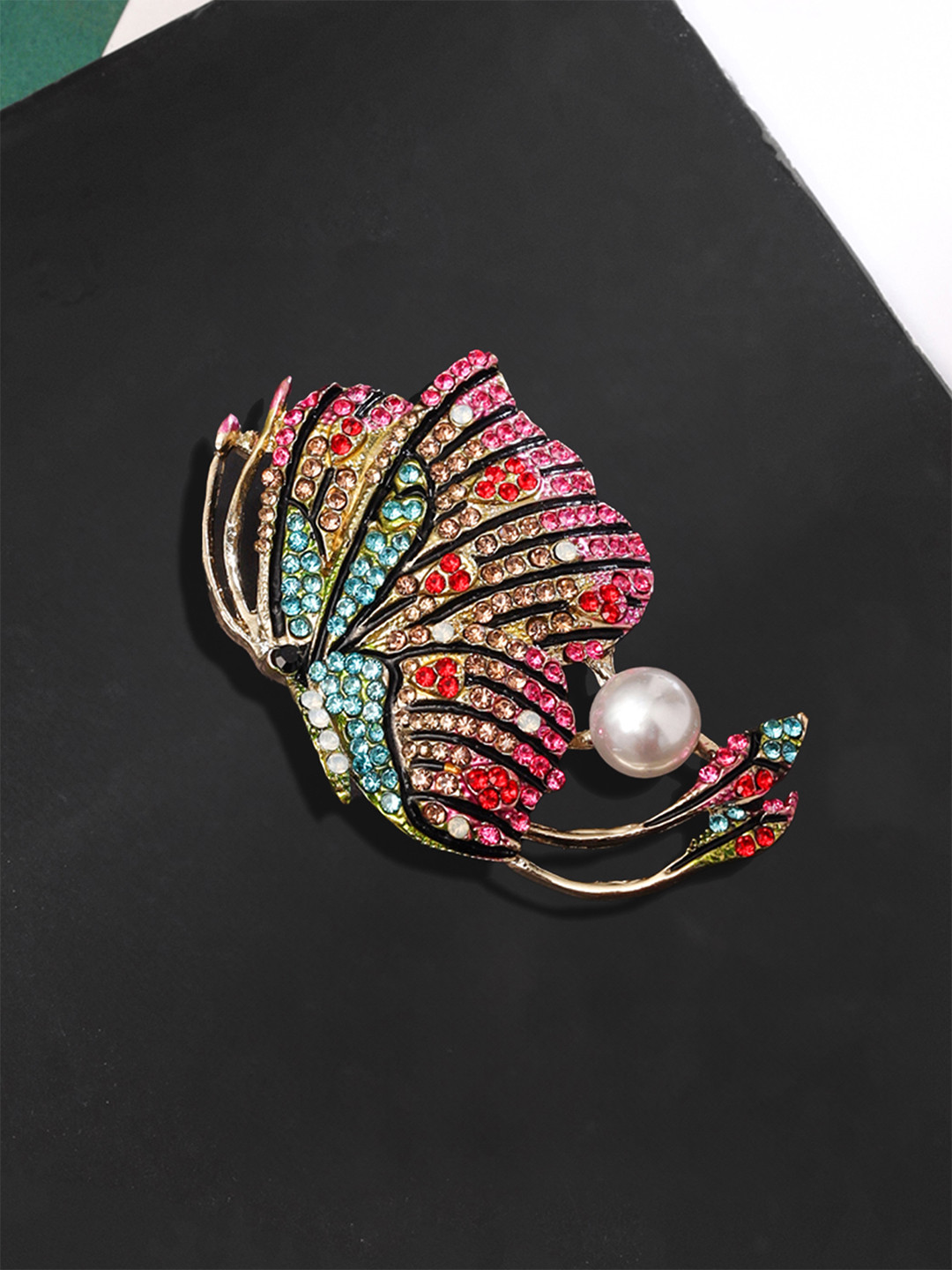 Yellow Chimes Women Multicolour Crystal Butterfly Design Brooch Pin