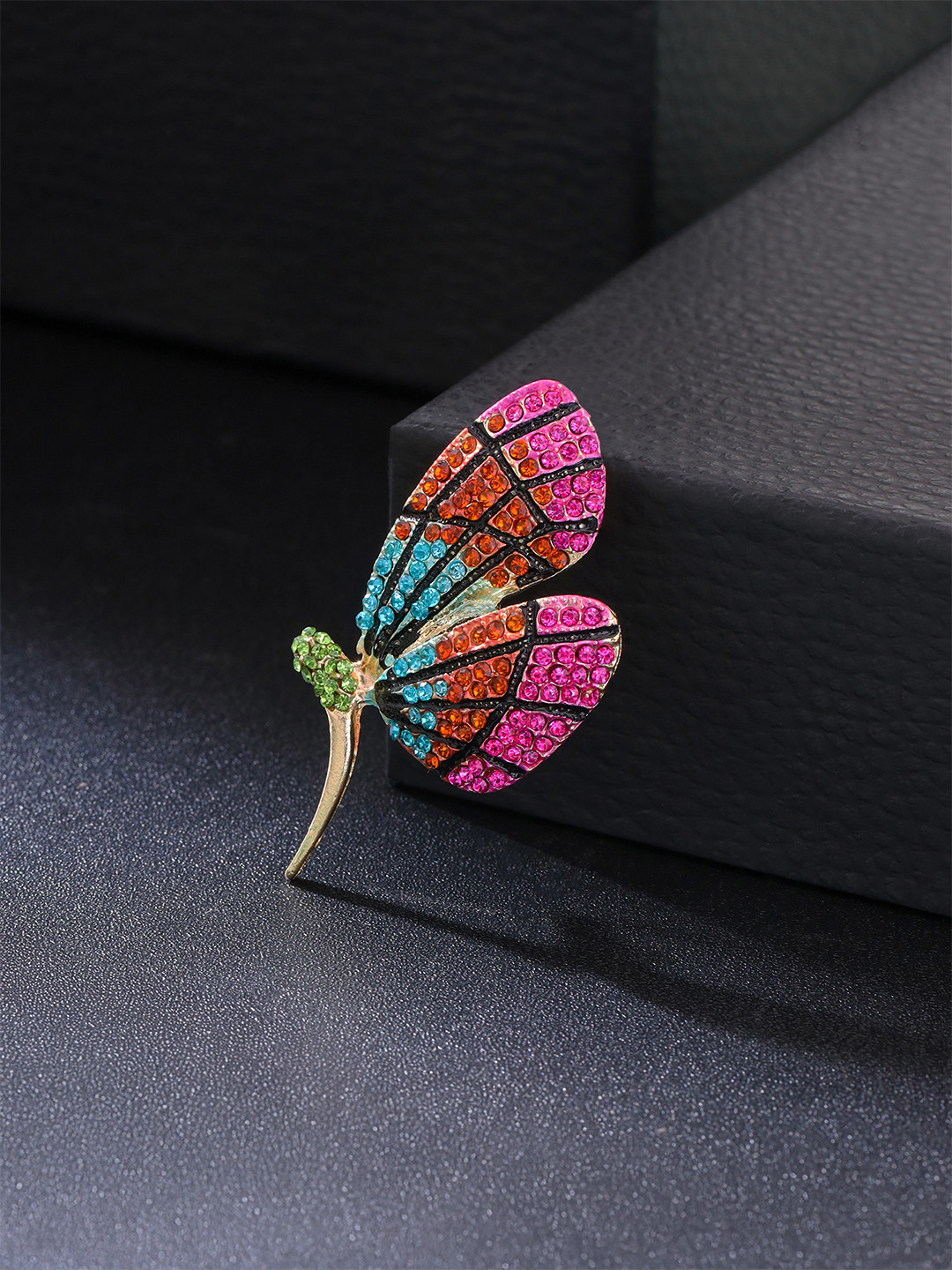 Yellow Chimes Women Gold-Plated Multicolor Crystal Butterfly Shaped Brooch Pin