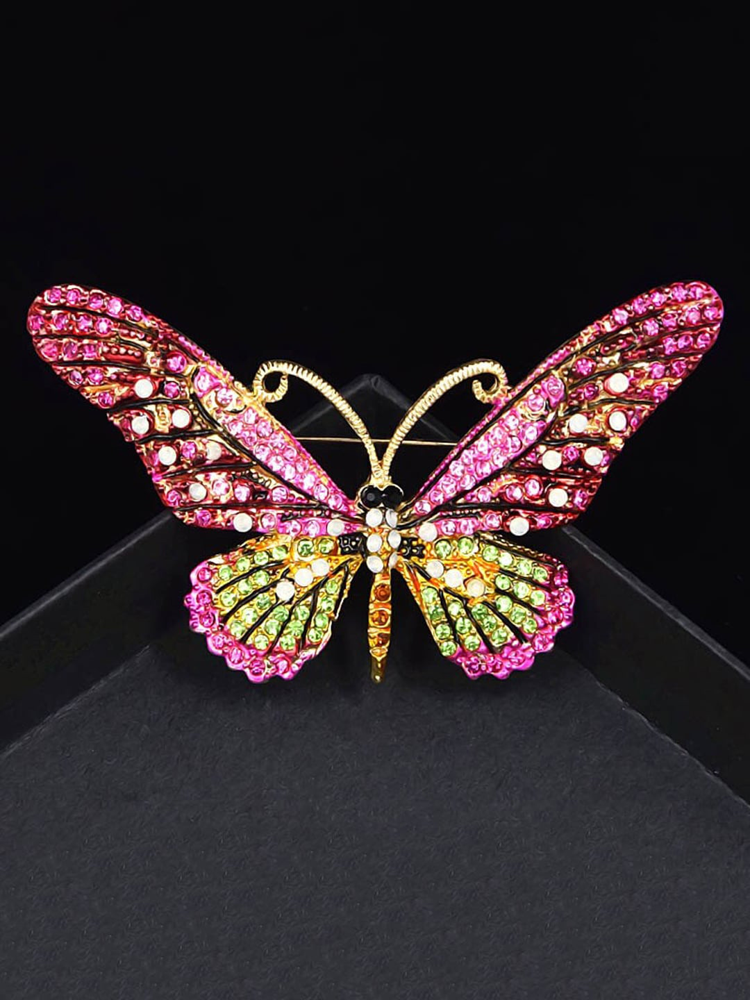 Yellow Chimes Women Gold-Plated Pink & Green Crystal Butterfly Shaped Brooch Pin