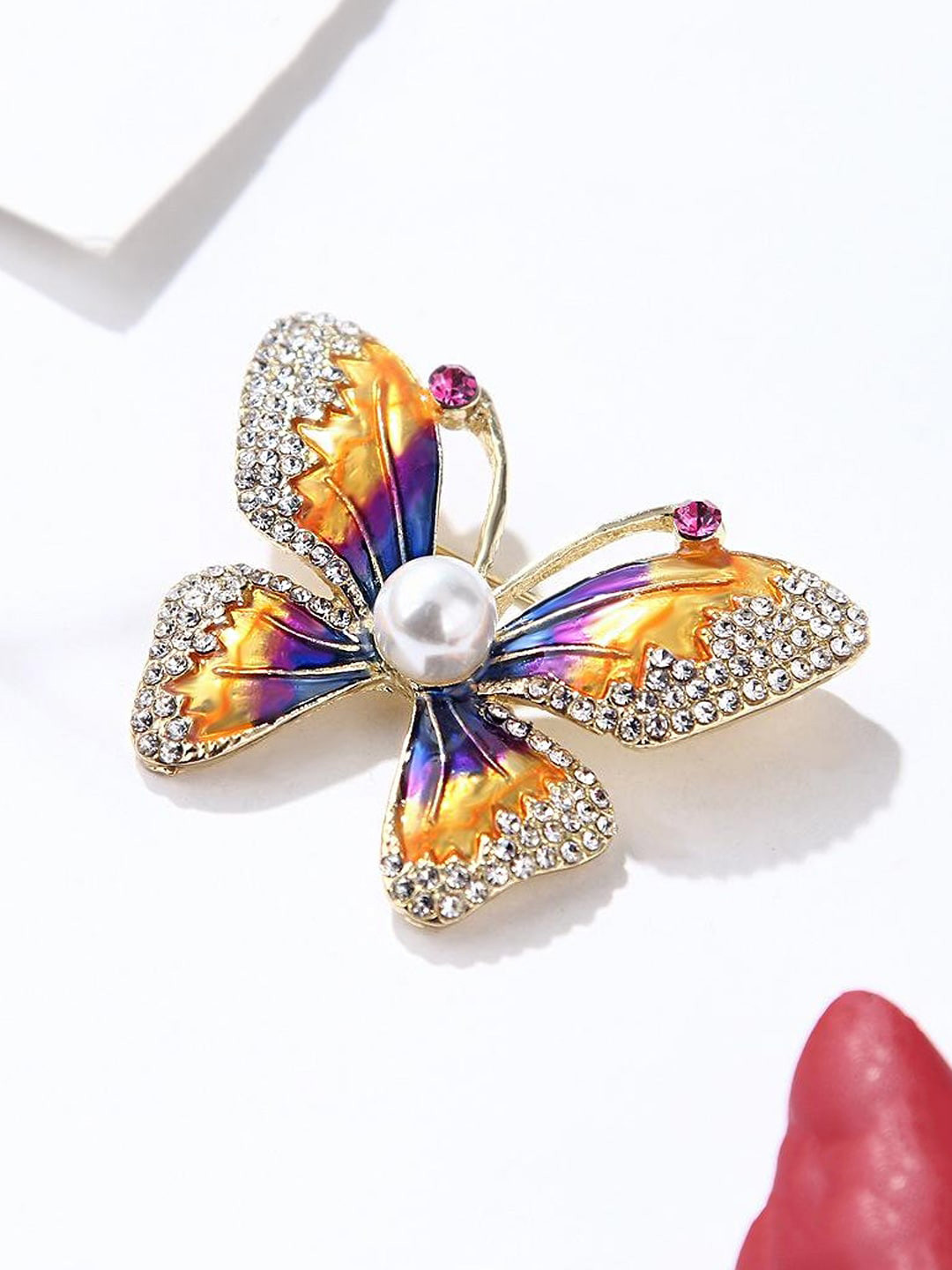 Yellow Chimes Women Yellow & Blue Crystal Stone-Studded Butterfly Brooch Pin