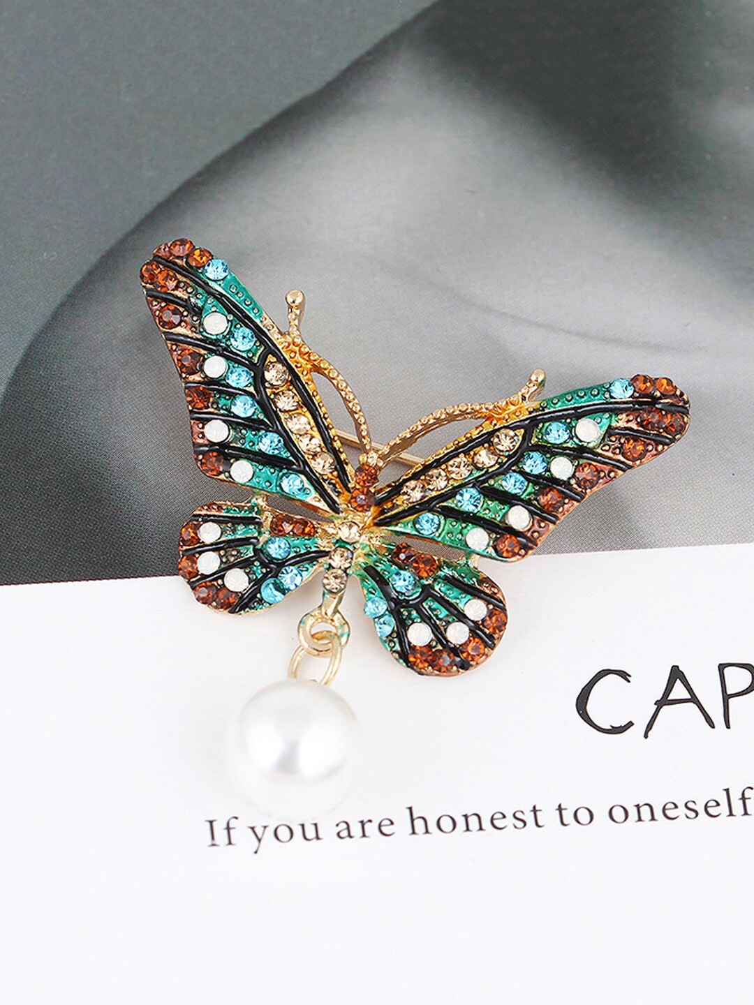 Yellow Chimes Women Gold-Plated Multicolor Crystal Butterfly Shaped Brooch Pin