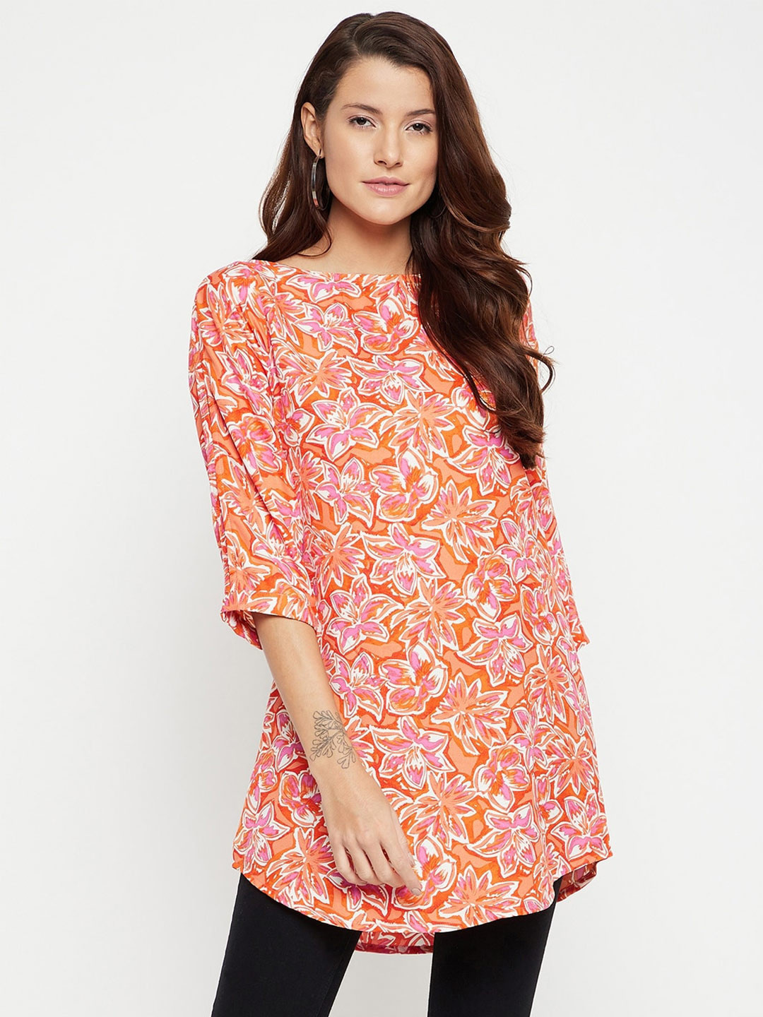 Ruhaans Orange & Pink Boat Neck Printed Tunic