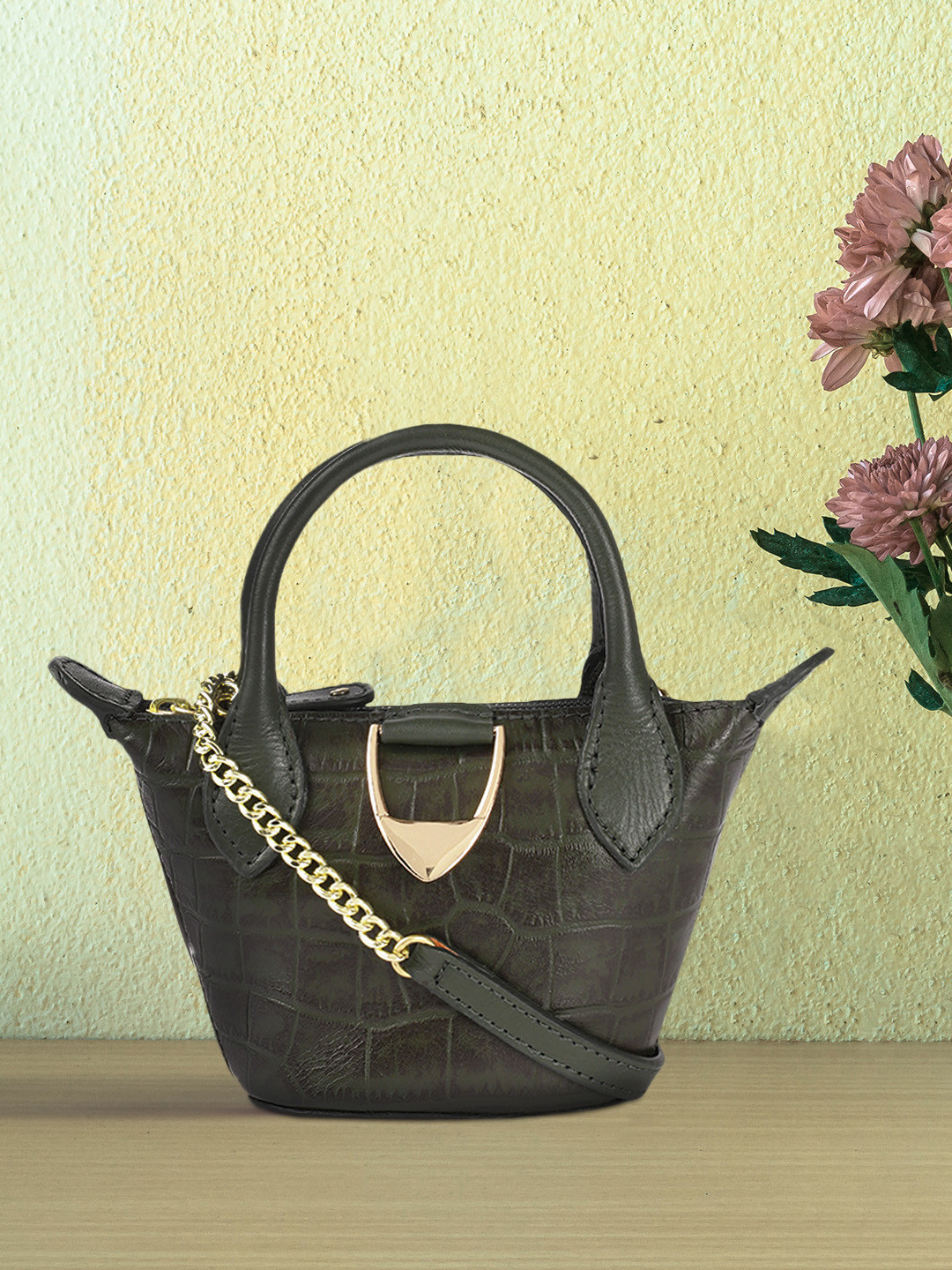 Hidesign Women Olive Green Animal Textured Leather Structured Handheld Bag