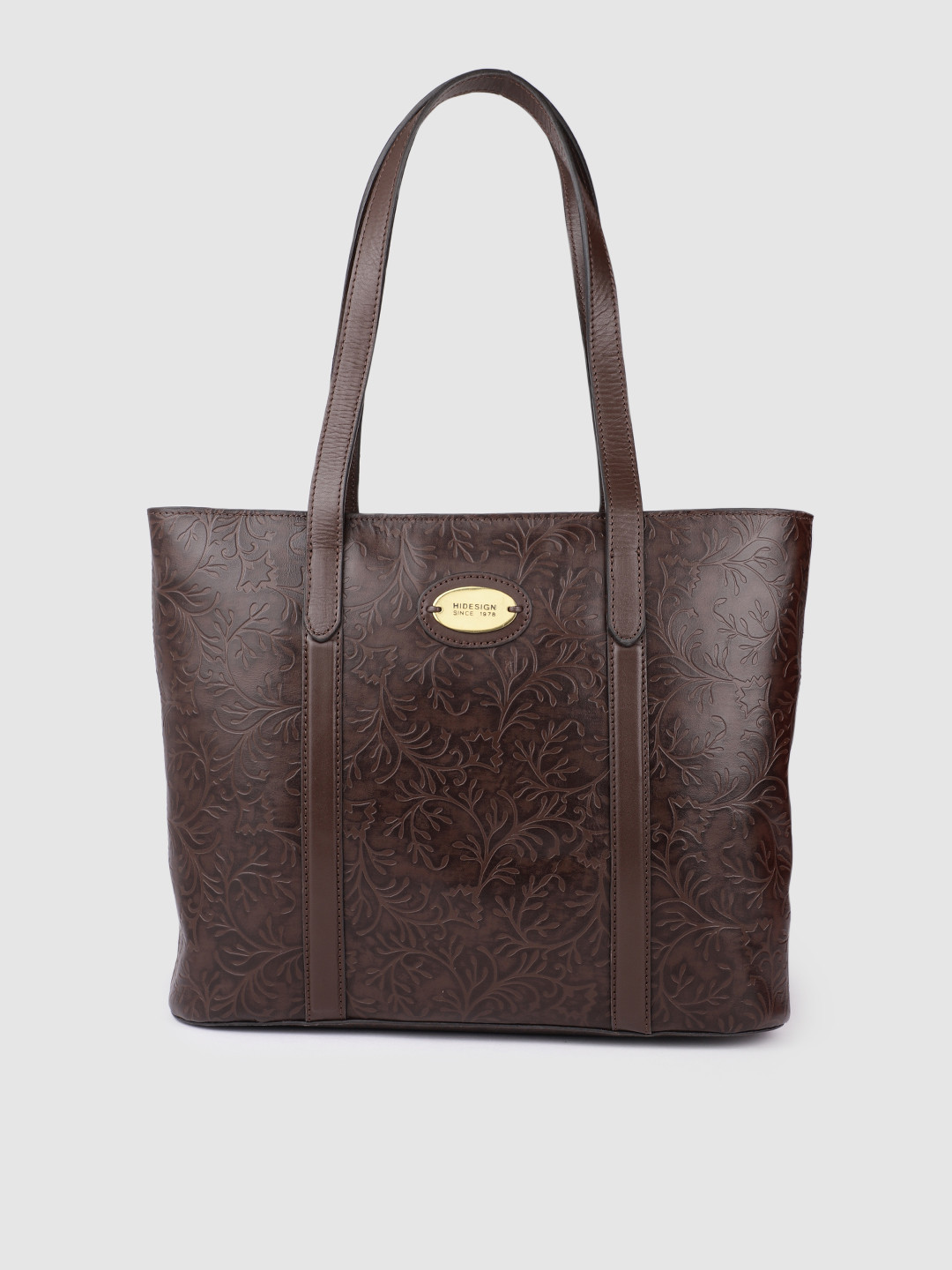 Hidesign Brown Self Design Floral Leather Oversized Structured Shoulder Bag