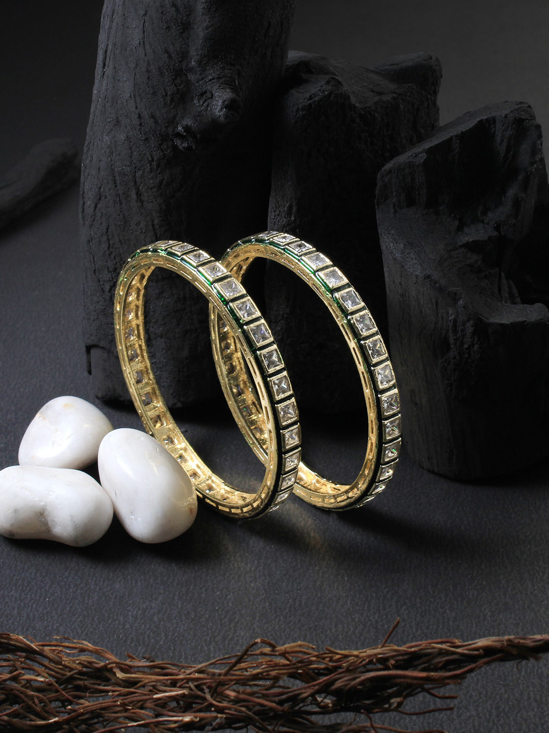 Adwitiya Collection Set Of 2 Gold-Plated Green & White Kundan-Studded Bangles