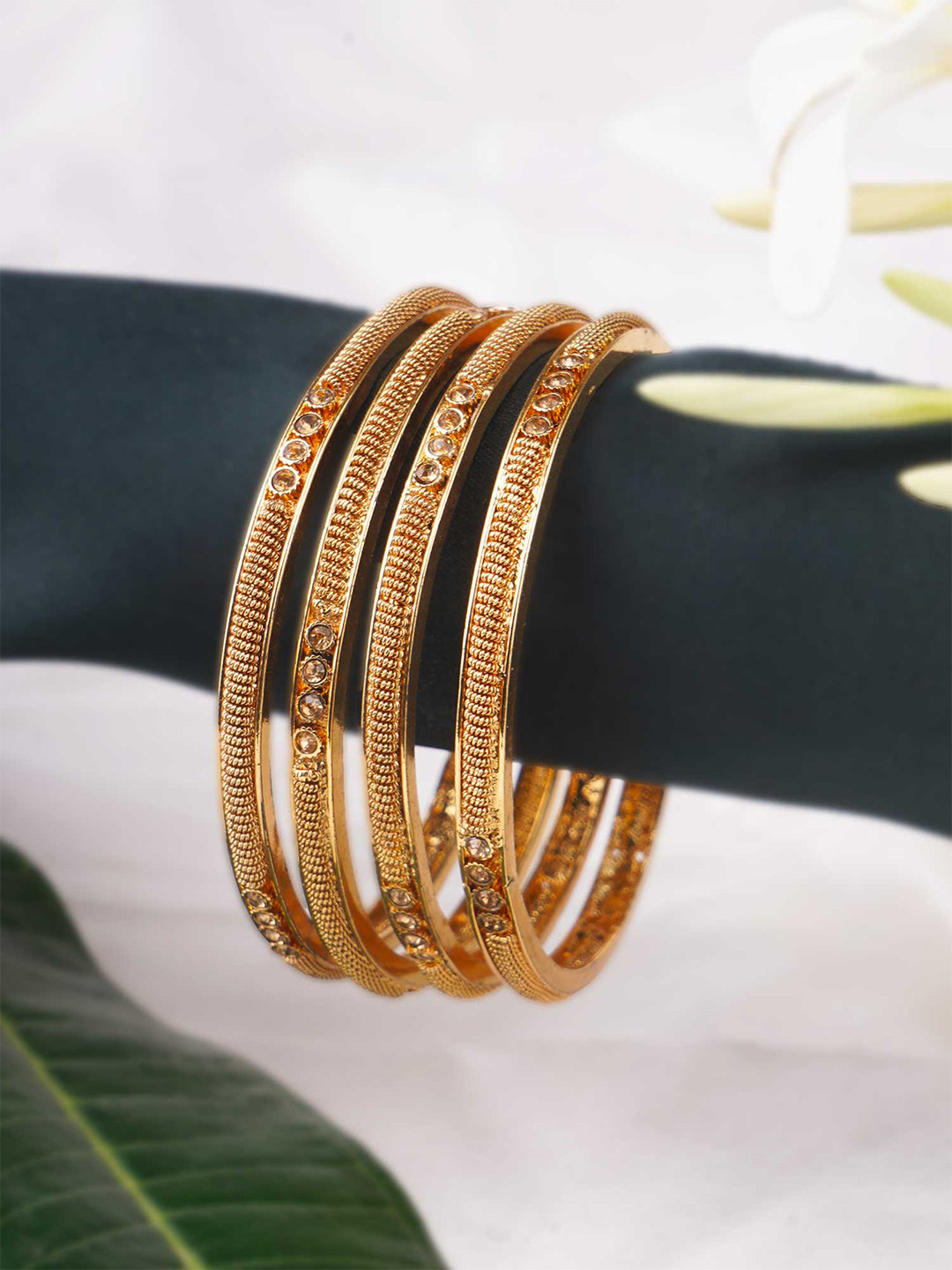 Adwitiya Collection Set Of 4 24CT Gold-Plated White Stone-Studded Bangles