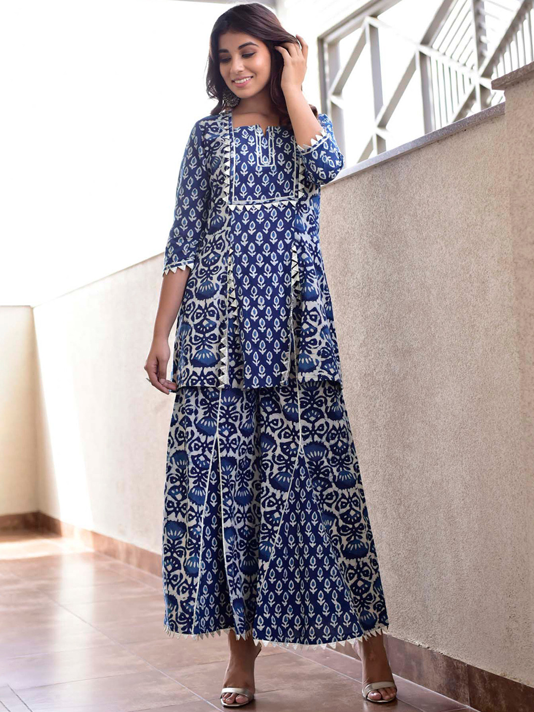 Mulmul Women Navy Blue Arian Printed Pure Cotton Kurti with Sharara