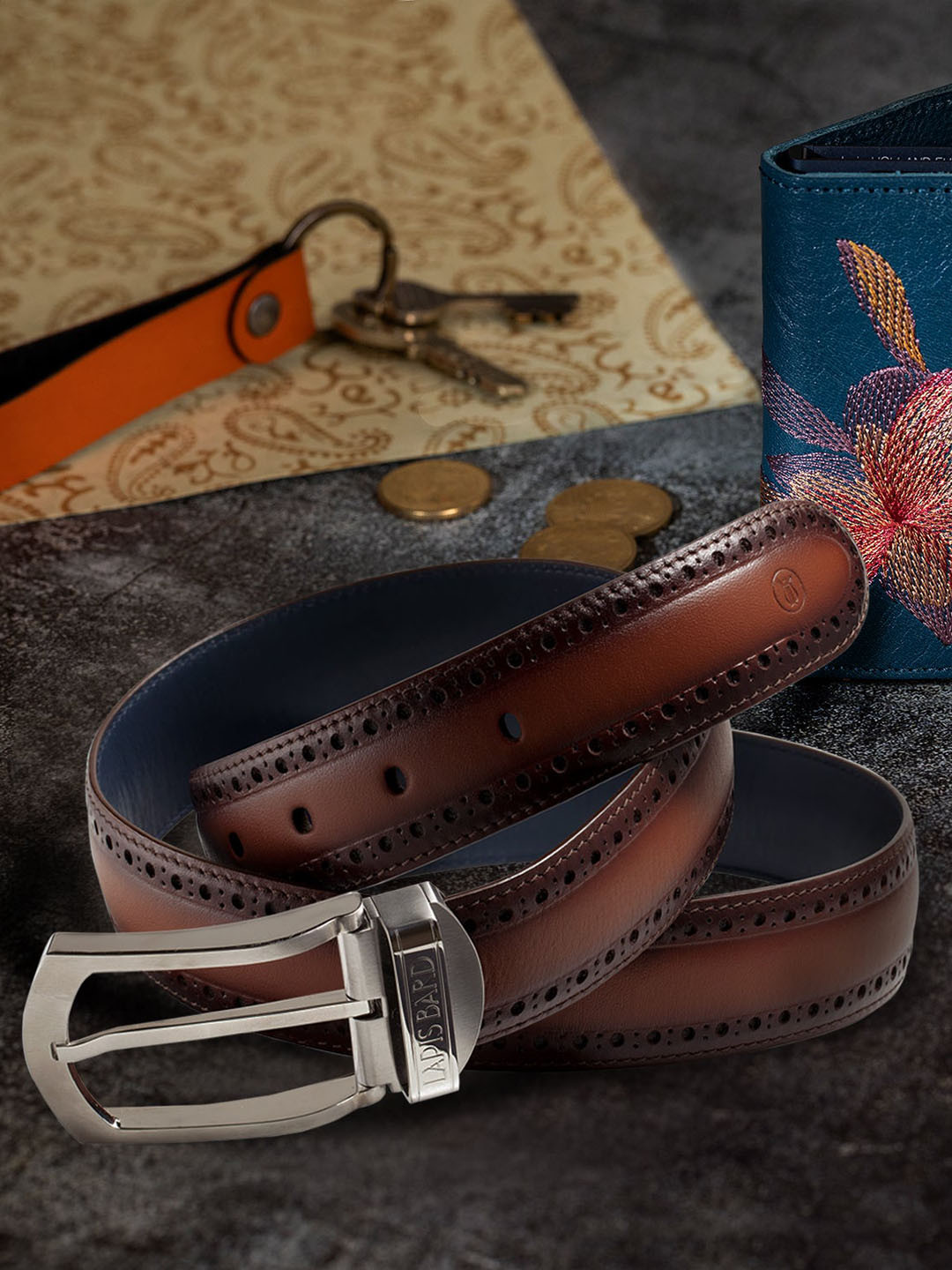 Lapis Bard Coganc Ducorium Southwark Buckle with Brogue on Leather Strap Belt