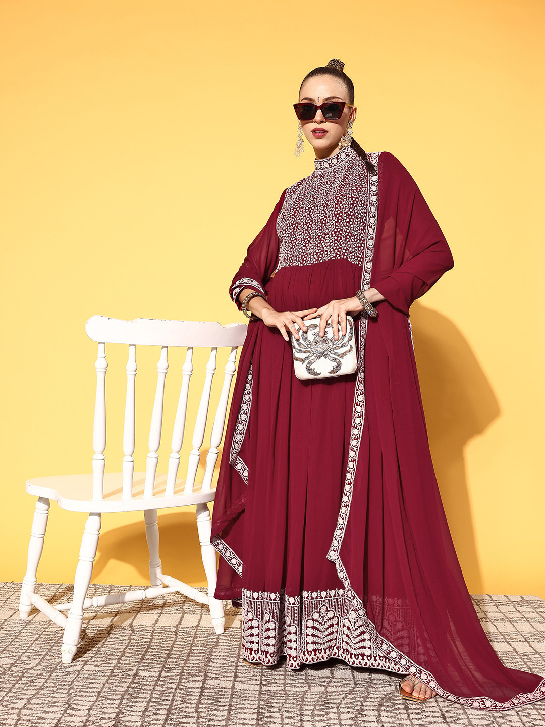 Kvsfab Women Maroon Floral Gown with Dupatta for Days