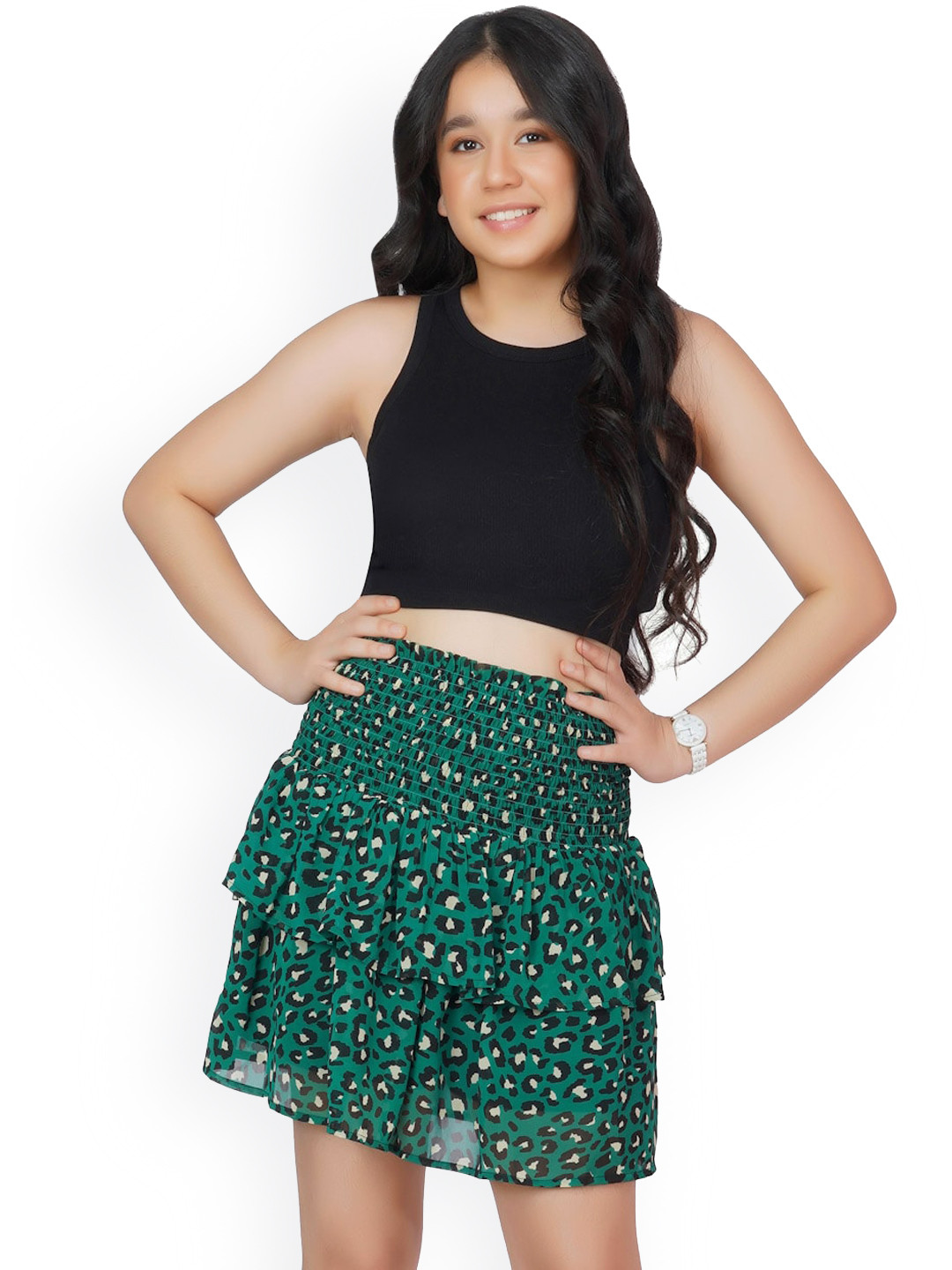 Dress My Angel Girls Green & Black Animal Printed Tiered Above Knee-Length Skirt