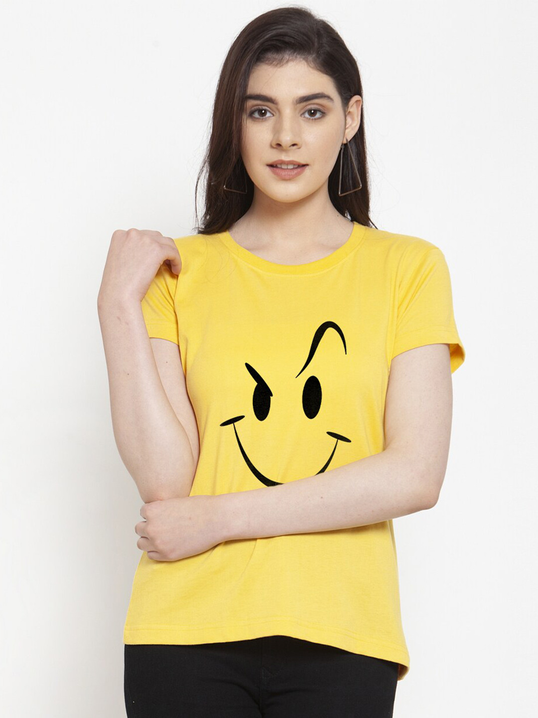 Friskers Women Yellow & naples yellow Typography Printed T-shirt