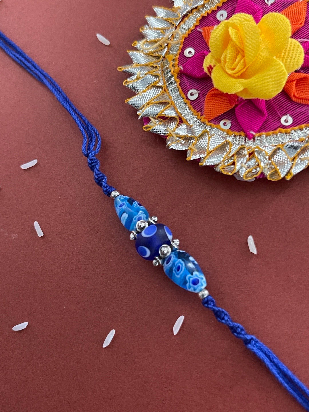 Digital Dress Room Men Blue Beaded Rakhi With Rolichawal