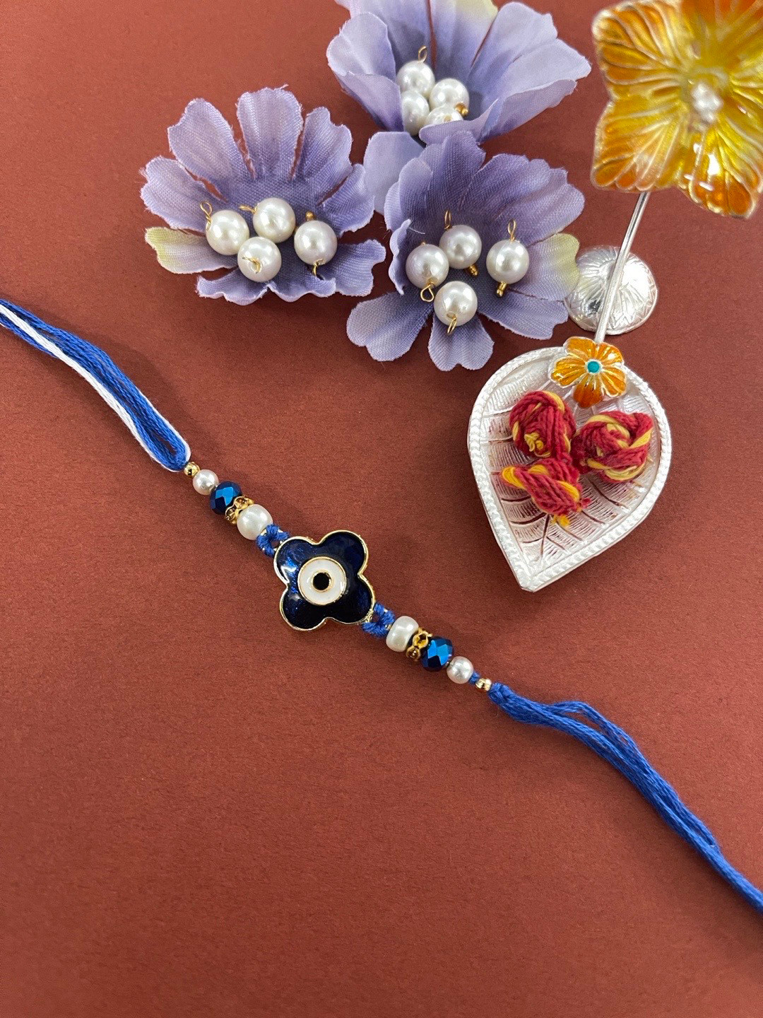 Digital Dress Room Men Blue & White Evil Eye Pendant Beaded Rakhi