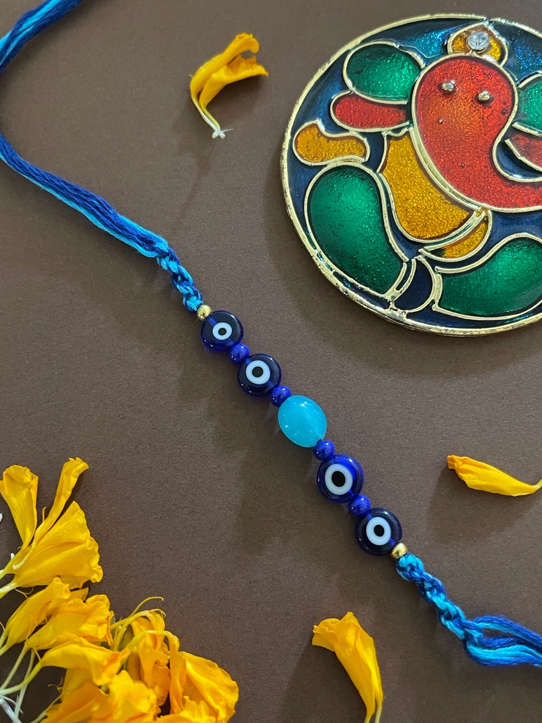 Digital Dress Room Men Blue & White Evil Eye Pendant Glass Beaded Rakhi