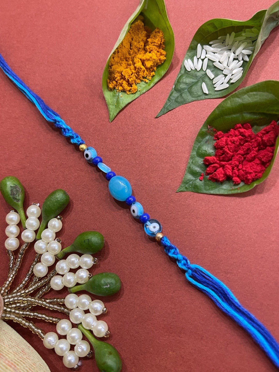 Digital Dress Room Men Blue Beaded & Evil Eye-Charm Rakhi With Roli