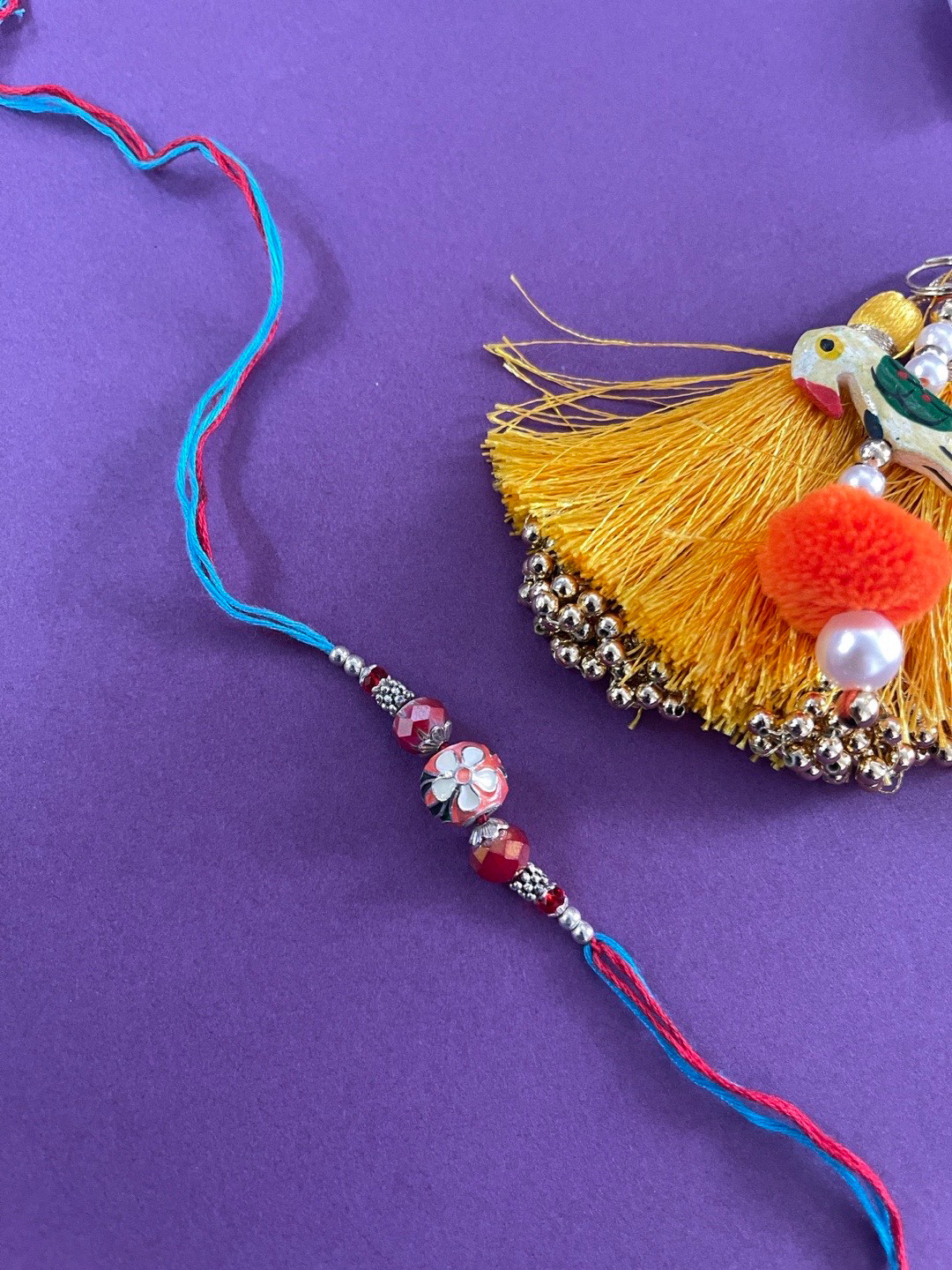 Digital Dress Room Men Orange Blue Meenakari Kundan & Crystal Beaded Rakhi With Roli