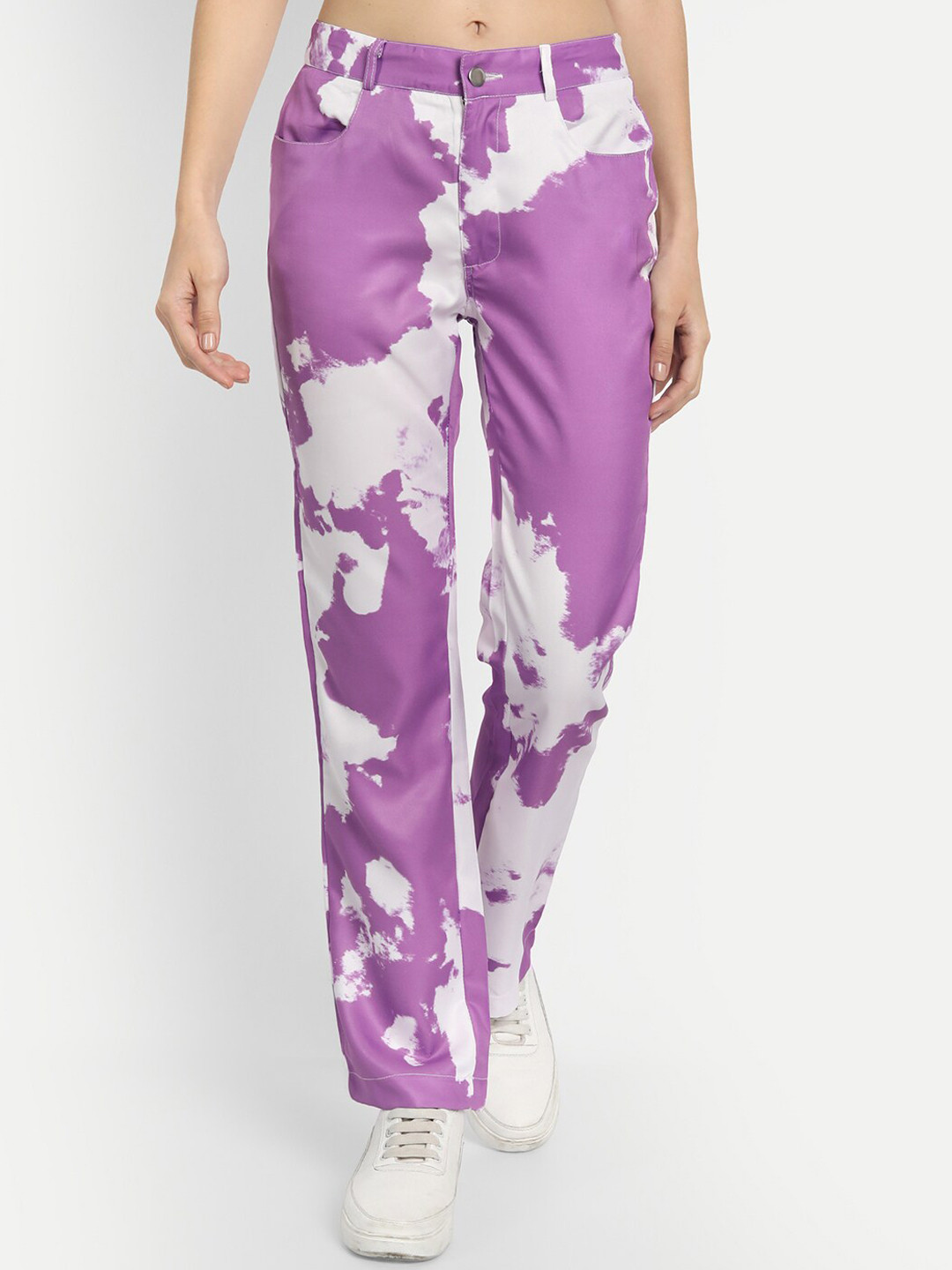 iki chic Women Purple Comfort Straight Fit Mildly Distressed Printed Jeans