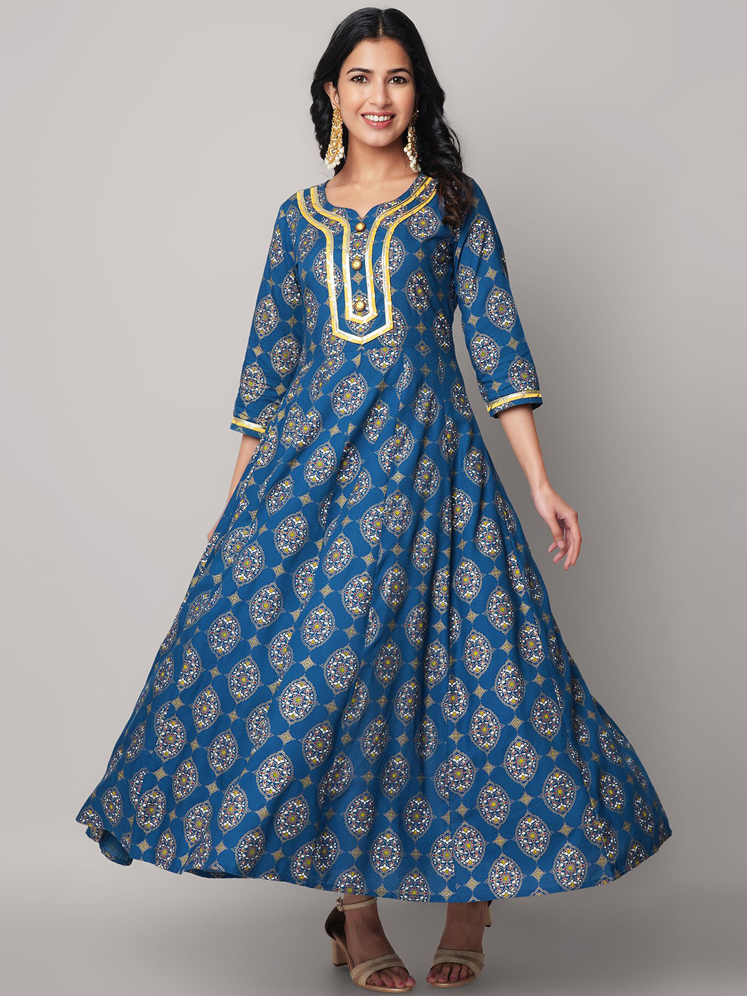 God Bless Teal & twilight blue Ethnic Motifs Maxi Dress