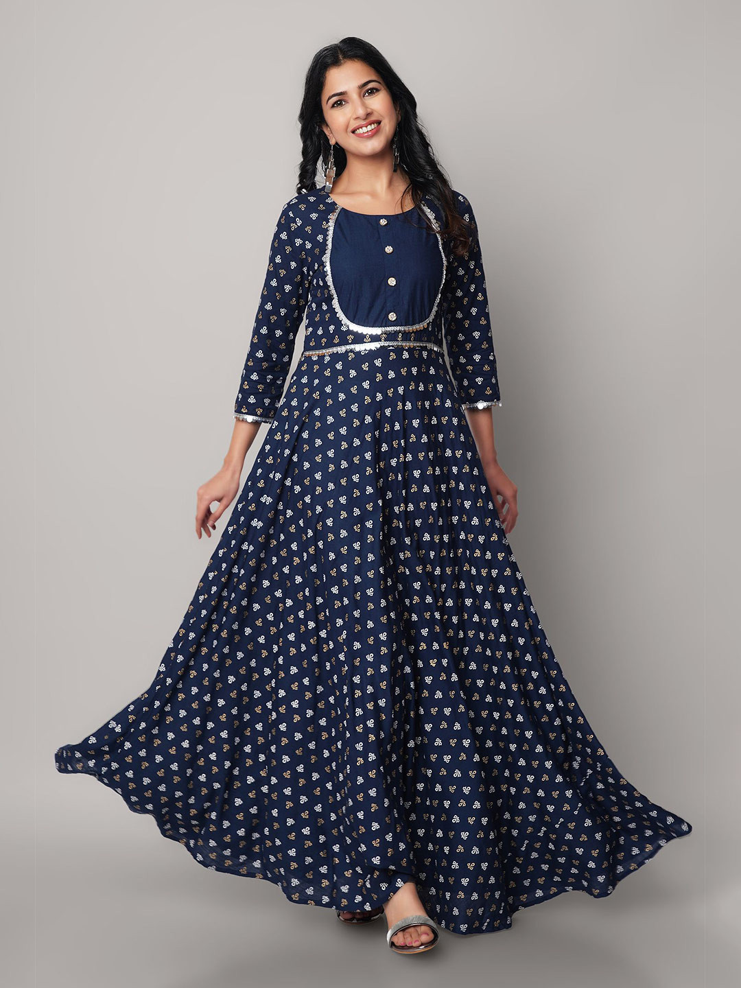 God Bless Blue & dark sapphire Ethnic Motifs Maxi Dress