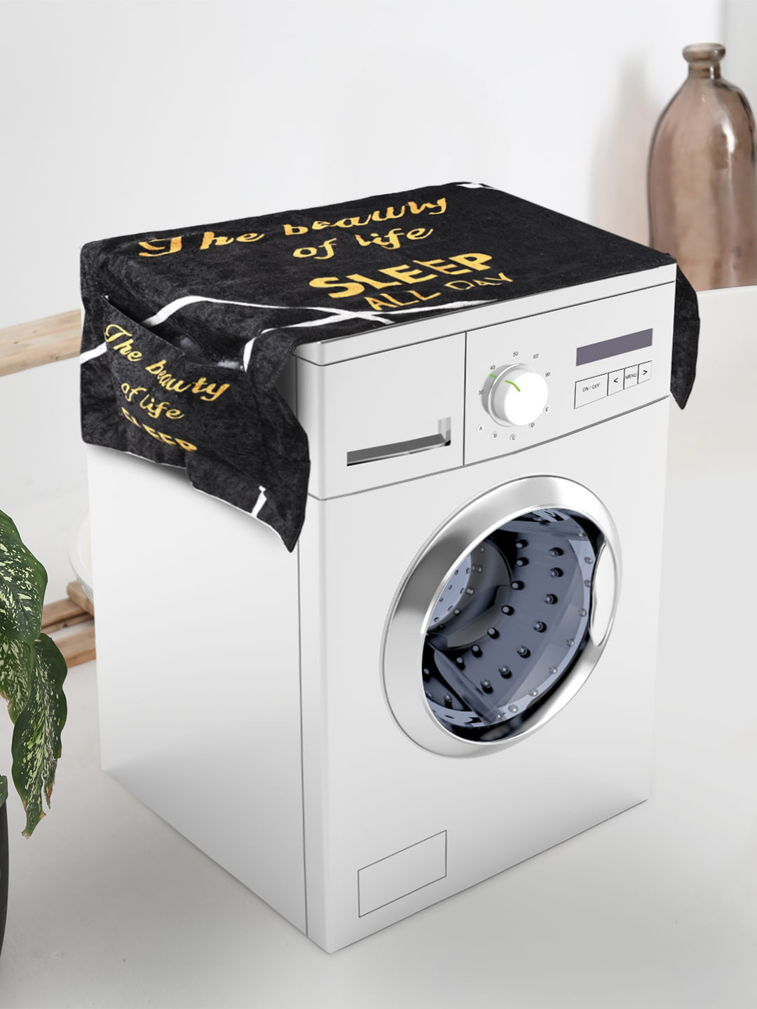 AAZEEM Black & Yellow Printed Washing Machine covers