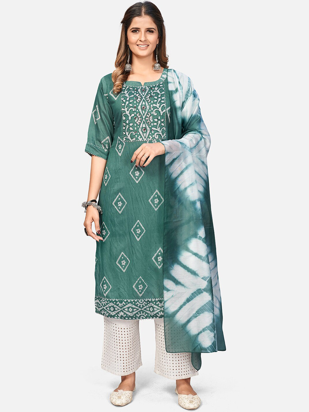 Vbuyz Women Turquoise Blue & hookers green Bandhani Dyed Flared Sleeves Kurta