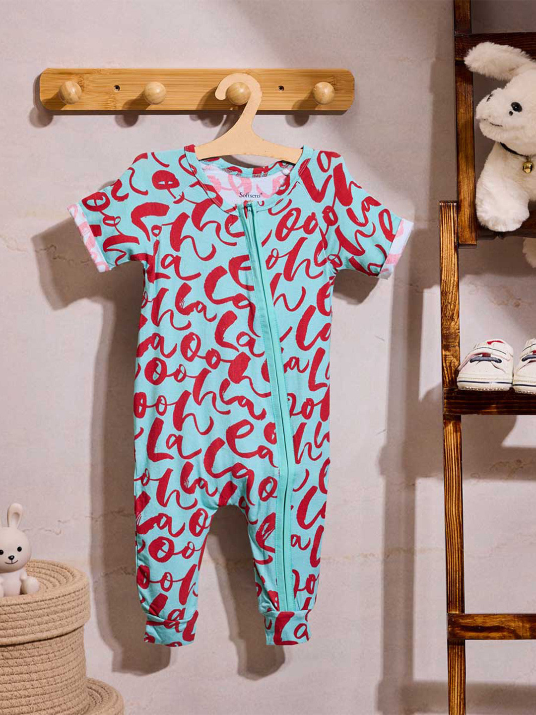 Softsens Infants Sea-Green & Rust Brown Printed Bamboo Rompers