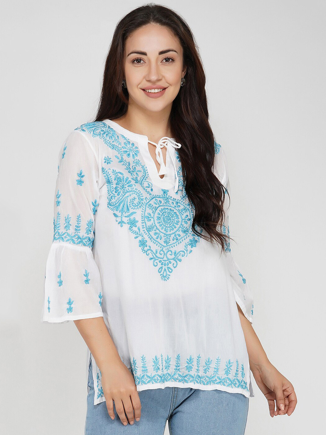 VAHSON Chikankari Embroidered Tie-Up Neck Bell Sleeve Cotton Top