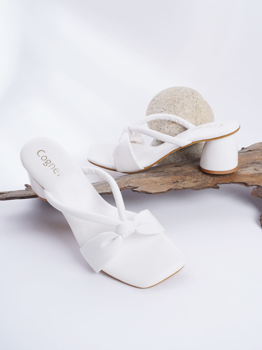 Cogner White Embellished Party Block Sandals with Bows