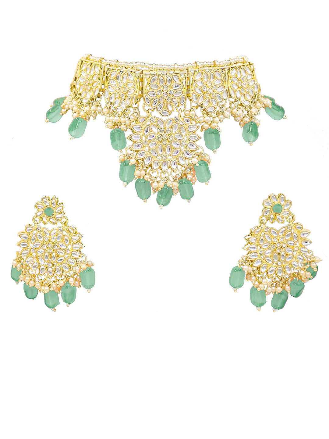 SAIYONI Gold-Plated Green Kundan & Pearl Beaded Coker Jewellery Set