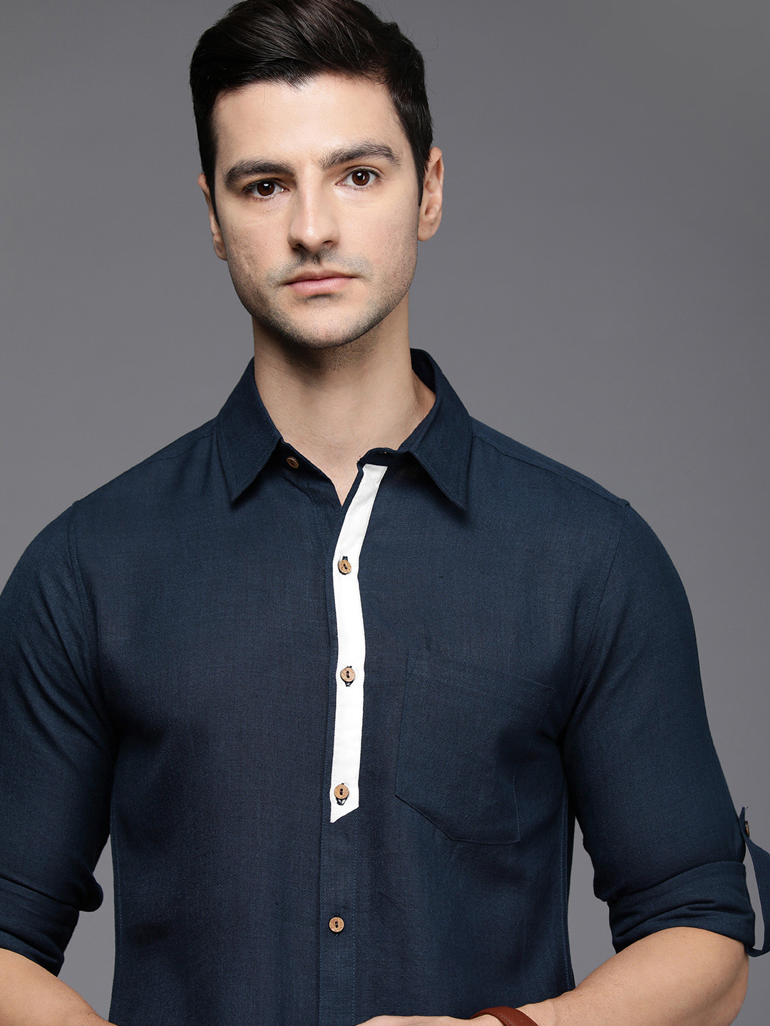Indo Era Men Navy Blue Smart Casual Shirt