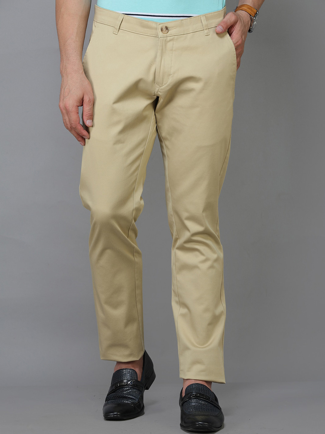 TQS Men Beige Smart Slim Fit Chinos Trousers