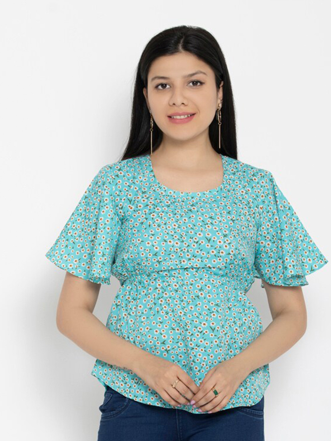 EZIS FASHION Turquoise Blue Floral Print Crepe Top