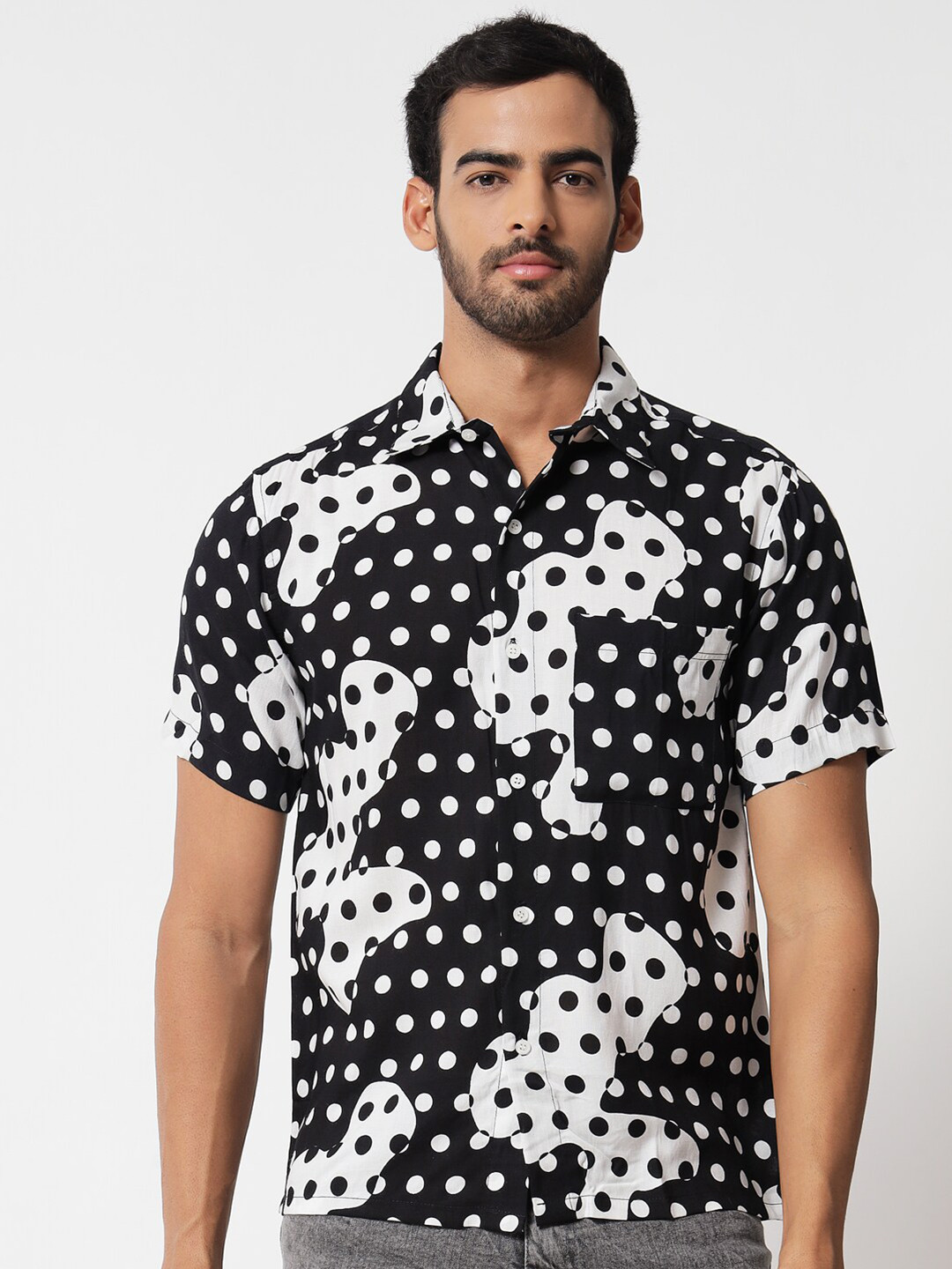 Men Black Polka Dots Regular Fit Casual Shirt