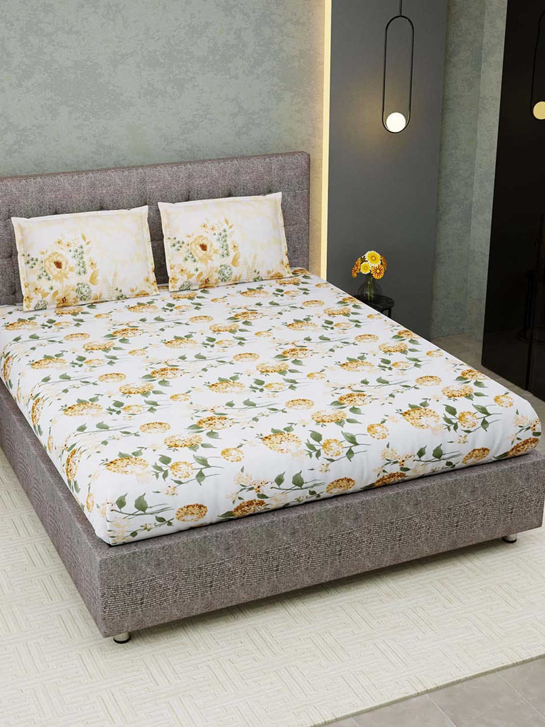 EasyGoods Mansion White Floral Cotton 300 TC King Fine Bedsheet with 2 Pillow Covers-108 x 108 inches