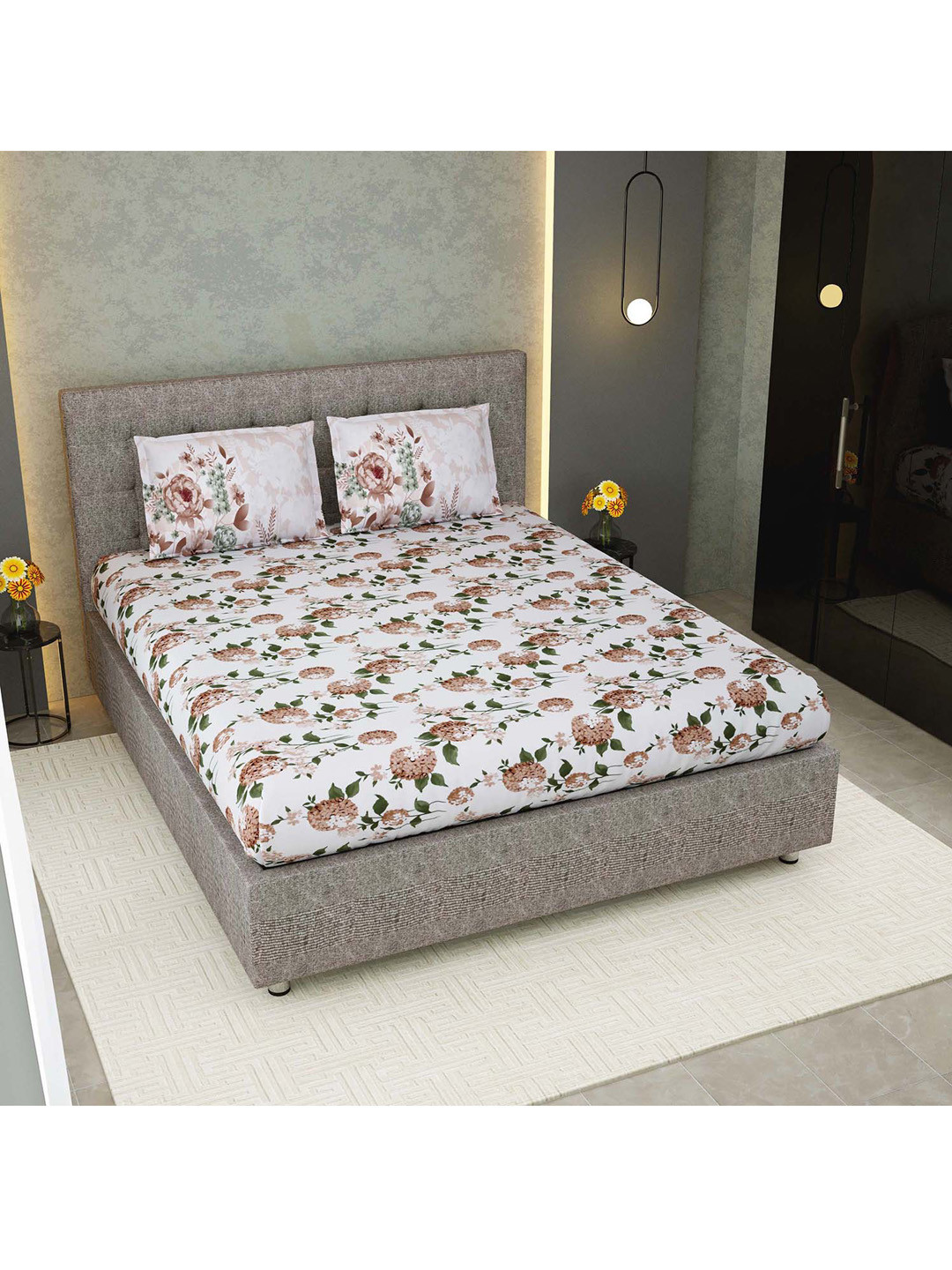 EasyGoods White Floral Pure Cotton 300 TC King Fine Bedsheet with 2 Pillow Covers-108 x 108 inches