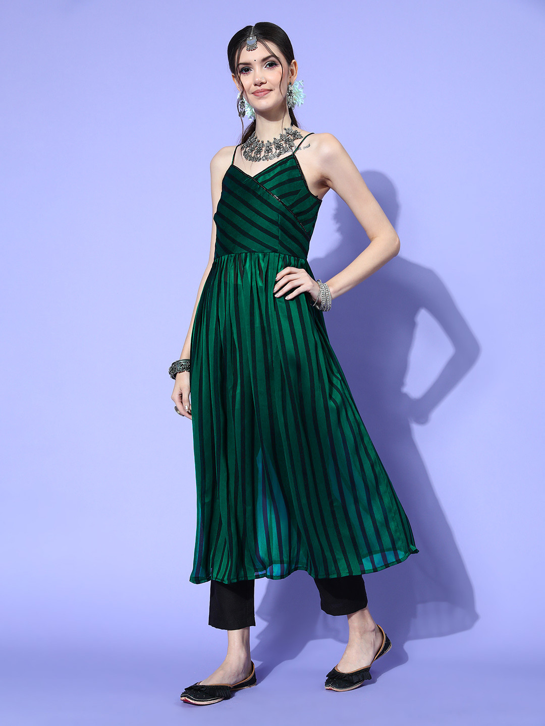 Inddus Women Striped Silk Blend New Neckline Kurta Set