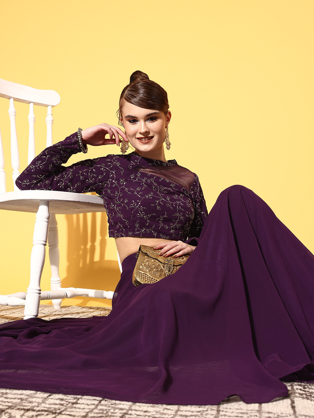 Inddus Women Purple Floral Embroidered Top & Skirt